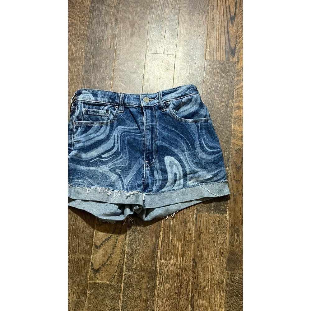 Hollister Ultra High Rise Mom Shorts W26 Blue Swirl Denim Distressed Hem Cuffed